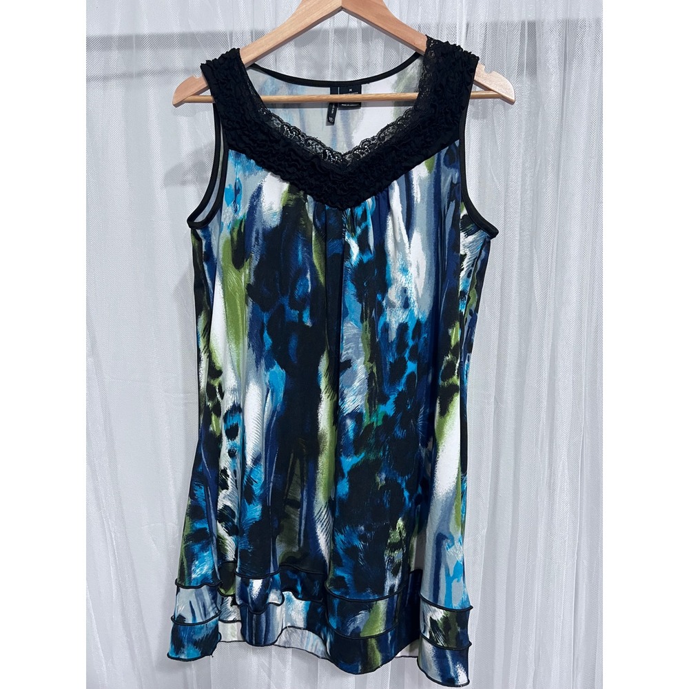 New Directions‎ Womens Medium Blue Green Abstract Animal Print Lace V-Neck Tunic